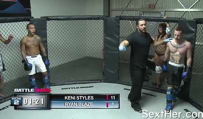 Blonde pornstar Lexi Belle fight and fucks with tattooed Asian guy