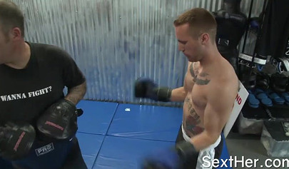 Blonde pornstar Lexi Belle fight and fucks with tattooed Asian guy