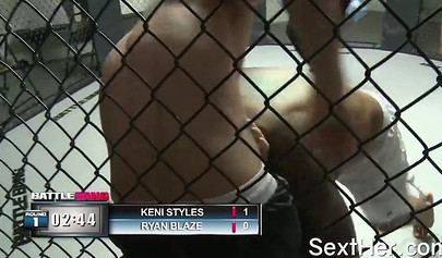 Blonde pornstar Lexi Belle fight and fucks with tattooed Asian guy