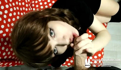 Adorable big eyed babe Deepbunnyhole deepthroats that knob in POV