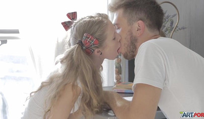 Petite naughty blond schoolgirl Kortny Kail bangs boy after school