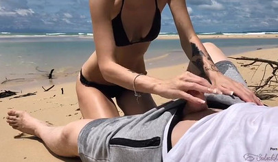 Blonde babe with shaved pussy Freya Stein pleases dick on island