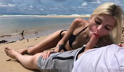 Blonde babe with shaved pussy Freya Stein pleases dick on island