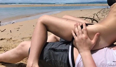 Blonde babe with shaved pussy Freya Stein pleases dick on island