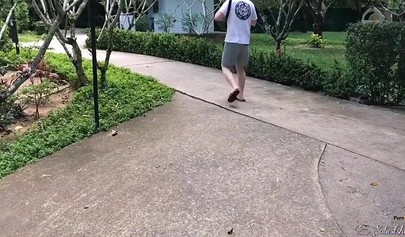 Blonde babe with shaved pussy Freya Stein pleases dick on island