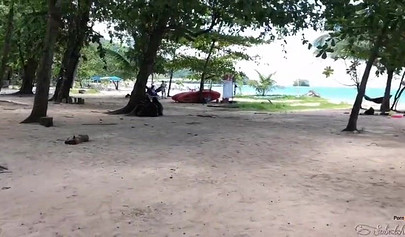 Blonde babe with shaved pussy Freya Stein pleases dick on island