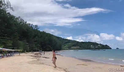 Blonde babe with shaved pussy Freya Stein pleases dick on island