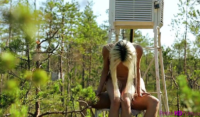 Pretty petite blonde Olivia Devine blows dick and gets banged outdoors