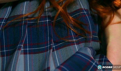 Skinny small titted redhead Dolly Little rubs her shaved pussy