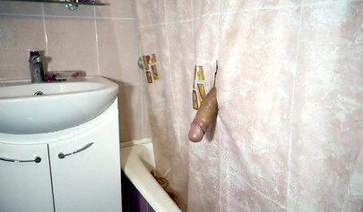 Amateur girls taste one dick from the glory hole in the bathroom