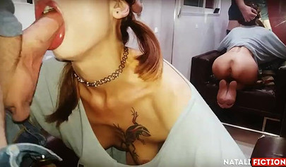 Brunette young hottie gets mouthful of dick and enjoys the delicious taste