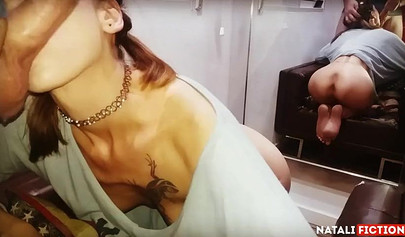 Brunette young hottie gets mouthful of dick and enjoys the delicious taste