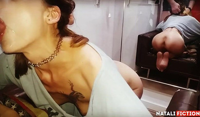 Brunette young hottie gets mouthful of dick and enjoys the delicious taste