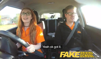 Adorable British redhead Ella Hughes taking driving tutor's big cock in the car