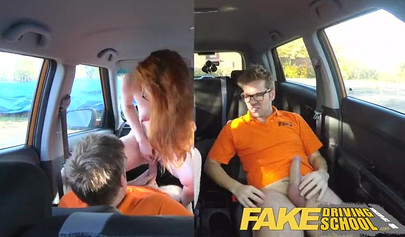 Adorable British redhead Ella Hughes taking driving tutor's big cock in the car