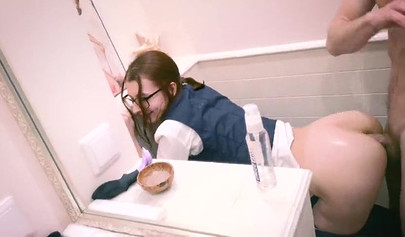 Beautiful redhead with glasses get mouth and ass fucked