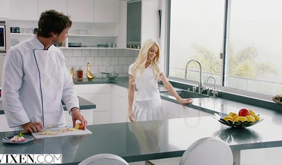 Beautiful petite teen Elsa Jean seducing an older dude to get fucked