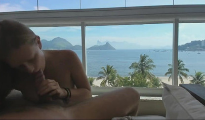 Sexy blonde with big tits give blowjob and titjob to her lover