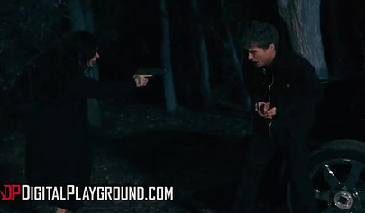 Horny babes Abella Danger and Joanna Angel make an outdoor threesome