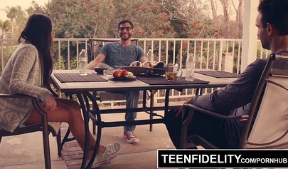 Busty Karlee Grey gets nailed in a threesome and takes facial