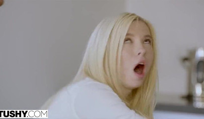 Petite blonde teen Kenzie Reeves gets ass fucked by her boss