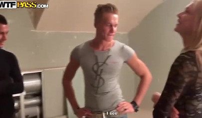 Hot blonde in stockings gets gangbanged and DPed by few guys