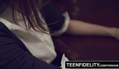 Naughty schoolgirl Alaina Dawson seduces her teacher and fucks him in his office