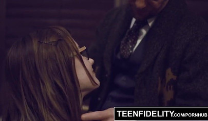 Naughty schoolgirl Alaina Dawson seduces her teacher and fucks him in his office