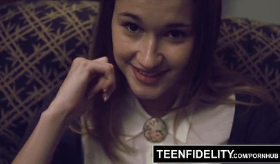 Naughty schoolgirl Alaina Dawson seduces her teacher and fucks him in his office