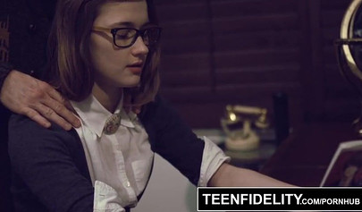 Naughty schoolgirl Alaina Dawson seduces her teacher and fucks him in his office