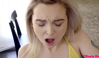 Blonde stepsister Lexi Lore fucks with bro behind mom's back