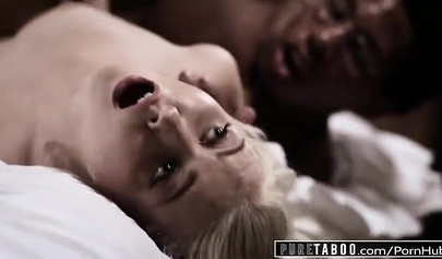 Skinny blonde teen Chloe Cherry takes big black cock and gets creampied