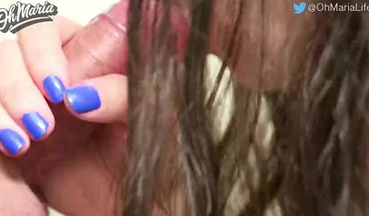 Amateur brunette blows stiff cock and takes big load in her mouth