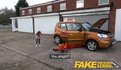 Slutty redhead seduces black mechanic guy and fucks him in a car