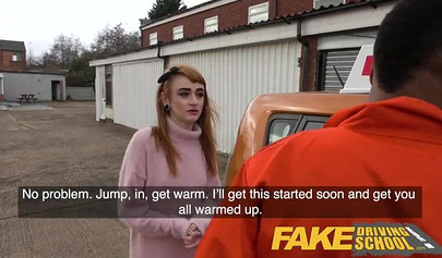 Slutty redhead seduces black mechanic guy and fucks him in a car