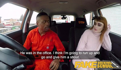 Slutty redhead seduces black mechanic guy and fucks him in a car