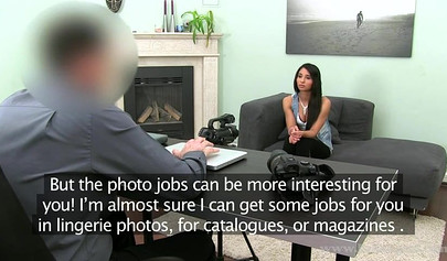 Gorgeous brunette teen blows and rides boner on porn casting