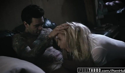 Stepsisters Kenzie Reeves and Joanna Angel fuck the same tattooed dude