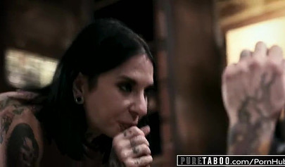 Stepsisters Kenzie Reeves and Joanna Angel fuck the same tattooed dude