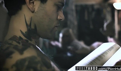 Stepsisters Kenzie Reeves and Joanna Angel fuck the same tattooed dude