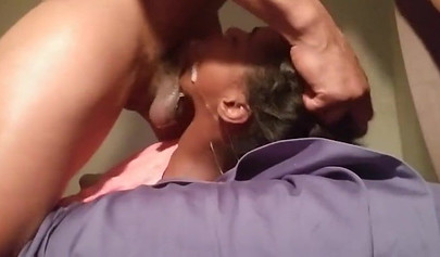 Ebony nubile chokes on a big black cock and gets dicked down
