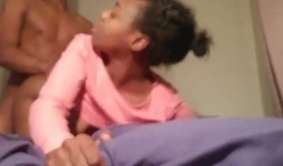 Ebony nubile chokes on a big black cock and gets dicked down