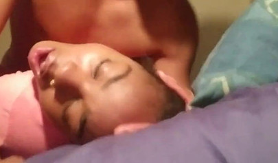 Ebony nubile chokes on a big black cock and gets dicked down