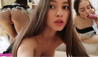 Young and petite maid swallows a throbbing rod and takes it deep