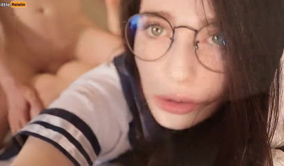 Stunning teen with glasses gets her soft pussy smashed balls deep