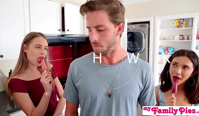 Playful little teens seduce a guy into fucking them both