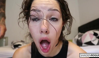 Naughty nubile gets her face all messy after a rough deepthroat