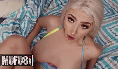 Busty blonde teen gives a sloppy blowjob before balls deep drilling