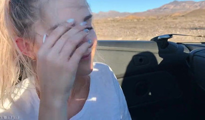 Playful blonde teenie sucks dick and rides it in a car outdoors