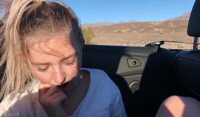 Playful blonde teenie sucks dick and rides it in a car outdoors